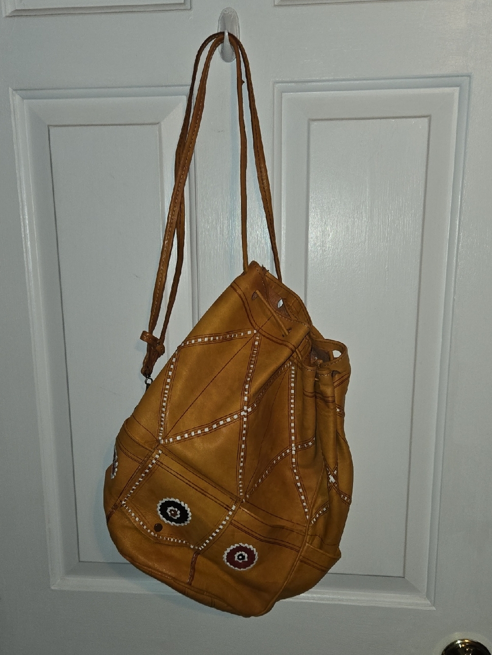 Women’s Tan Patchwork Drawstring Leather Backpack